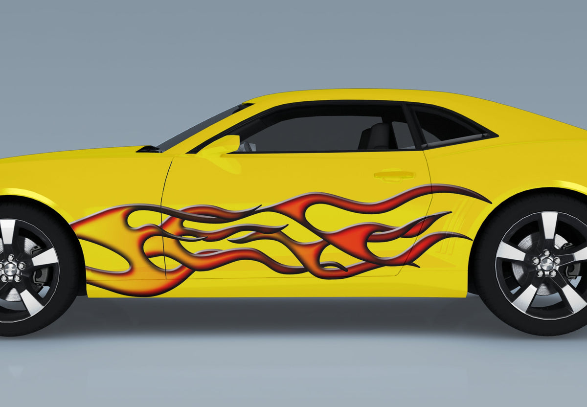 backfire flames graphic decals on the side of yellow mustang sports car